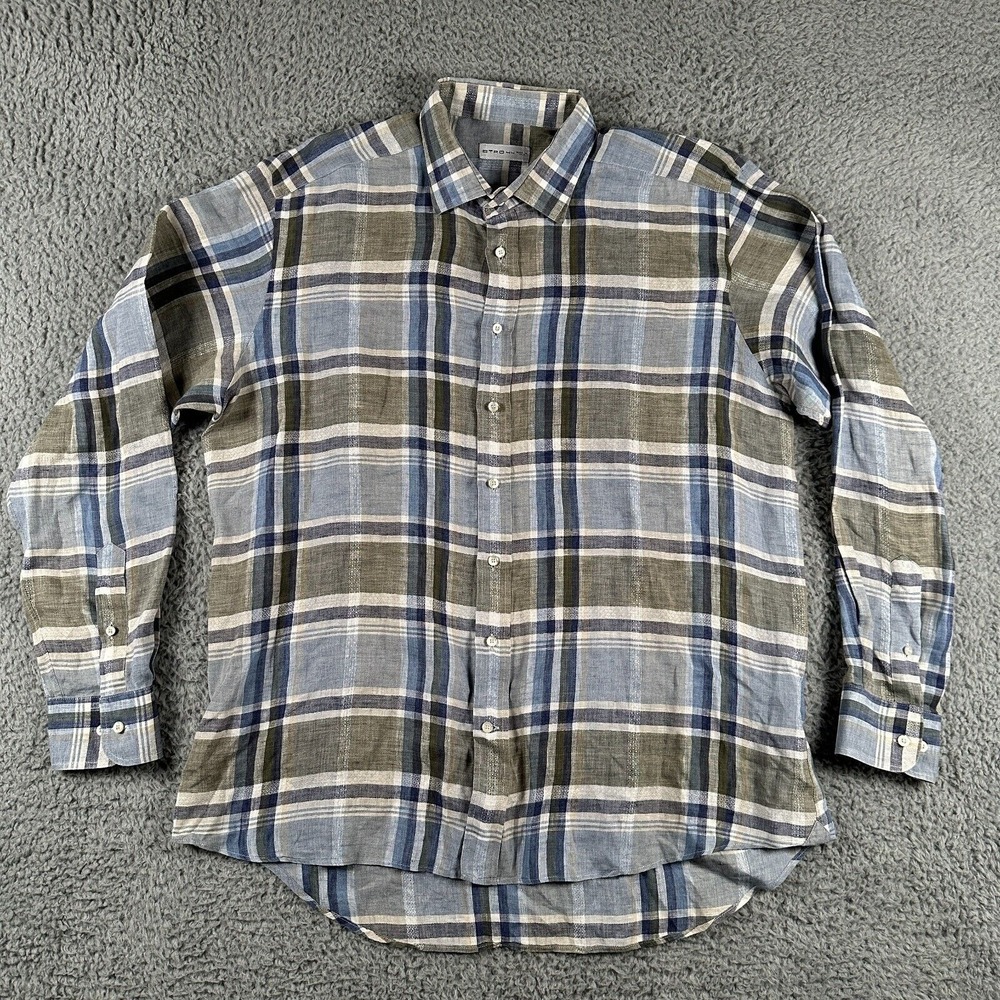 Etro Shirt Men's‎ 44 Multi Color Plain Button Down 100% Linen Made In Italy